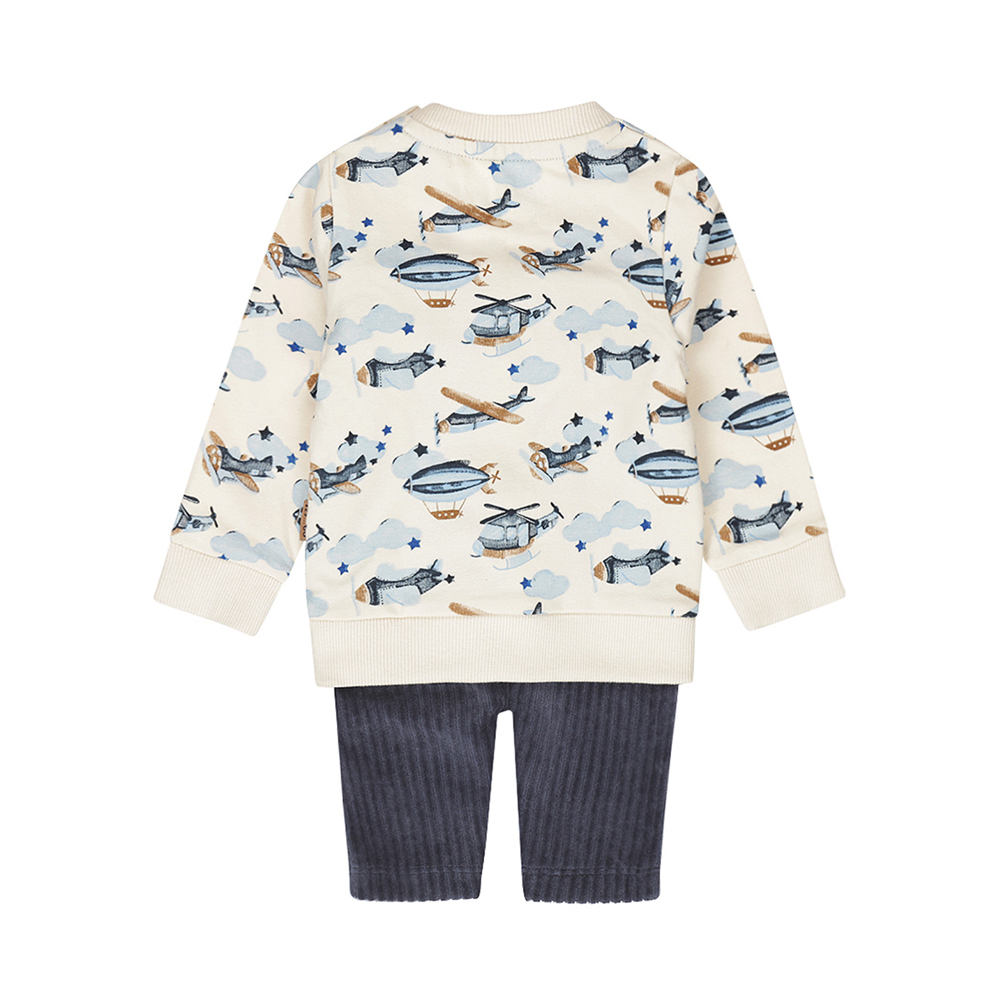ベビー 男の子 セットアップ 飛行機プリントスウェット コーデュロイズボン 2点セット ネイビー ブルー アイボリー 保育園着 入園準備 保育園 幼稚園 90