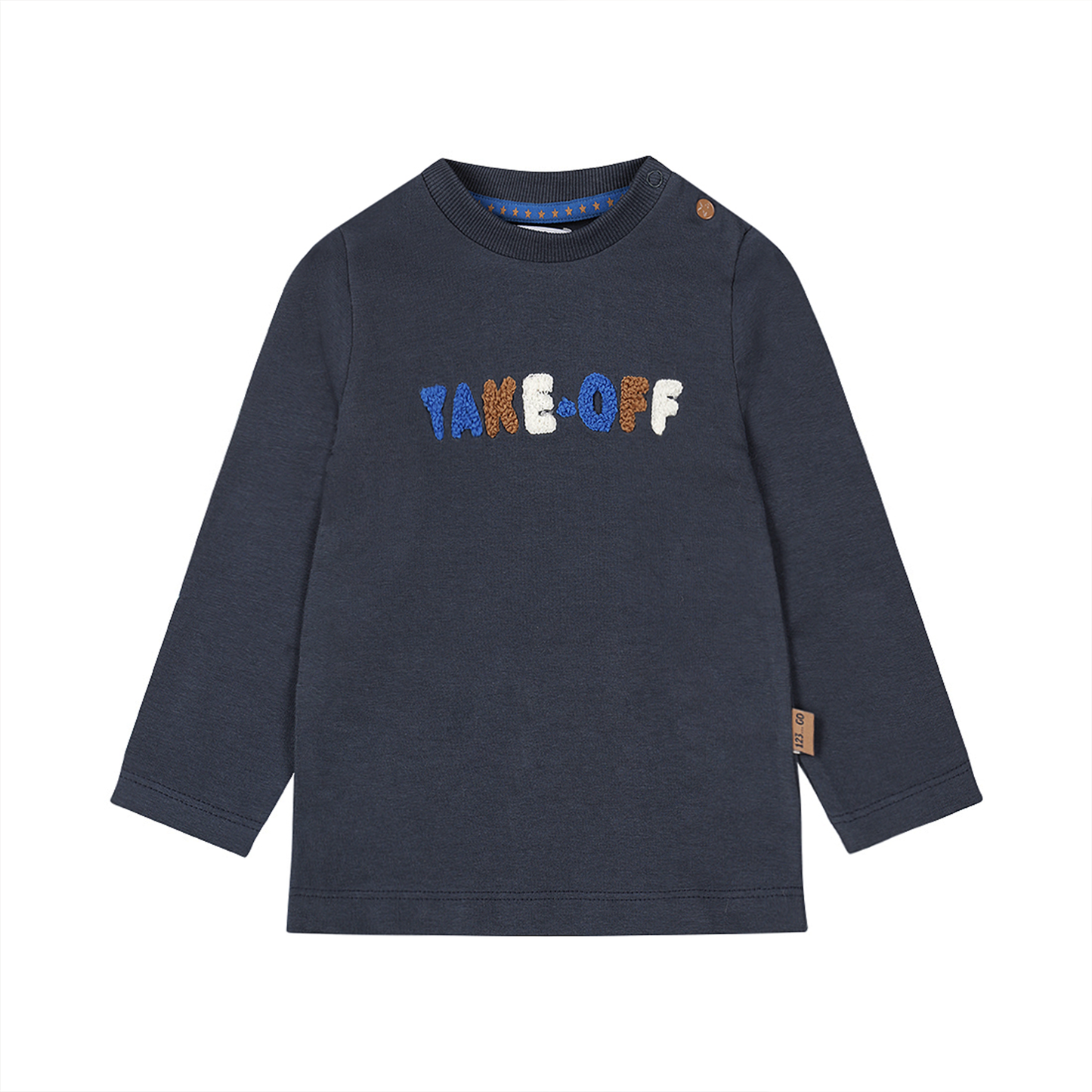 ベビー 男の子 ロゴワッペン 長袖Tシャツ サガラ刺繍 TAKE OFF ネイビー 紺 保育園着 入園準備 保育園 幼稚園 90 100 110