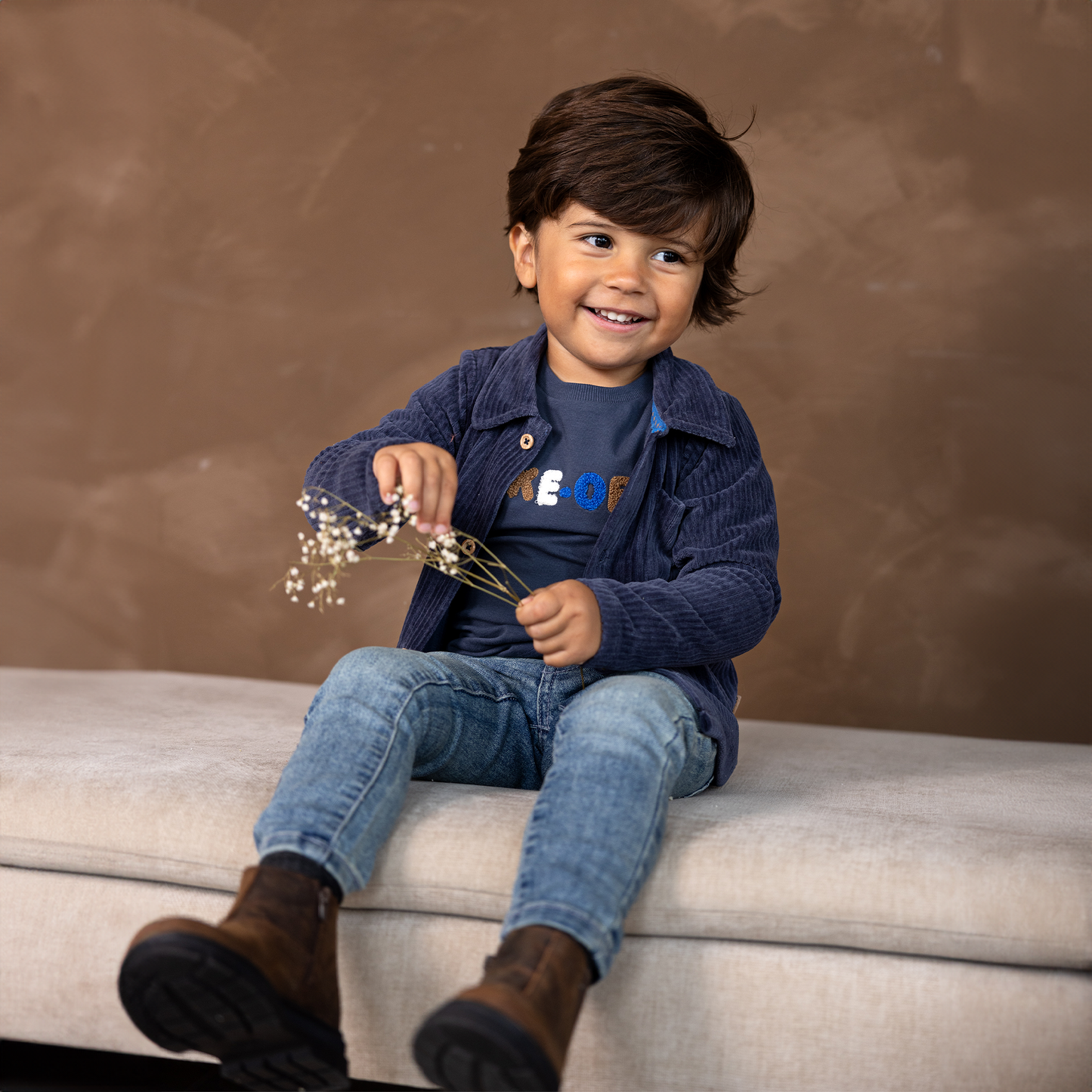 ベビー 男の子 ロゴワッペン 長袖Tシャツ サガラ刺繍 TAKE OFF ネイビー 紺 保育園着 入園準備 保育園 幼稚園 90 100 110