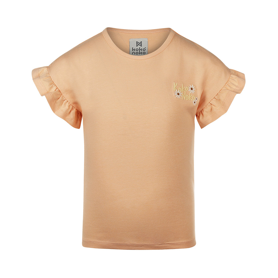 フリルスリーブ半袖Tシャツ ドロップショルダー  ピーチオレンジ くすみカラー 小学生 女の子 保育園  80cm 90cm 100cm 110cm 120cm 130cm 140cm